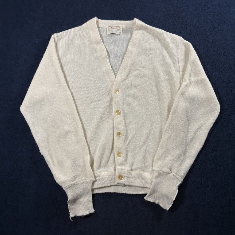 Vtg 70s 80s Lord Jeff Cream Cardigan Sweater Mens M Dupont Orlon Acrylic USA